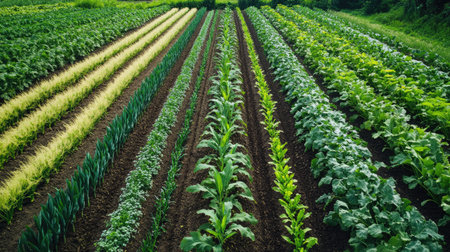 Aerial view of a farm practicing intercropping with tall and short crops planted together for mutual benefit.の素材