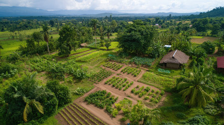 Aerial perspective of agroforestry with rows of trees interplanted among crops, enhancing biodiversity and soil fertility.の素材