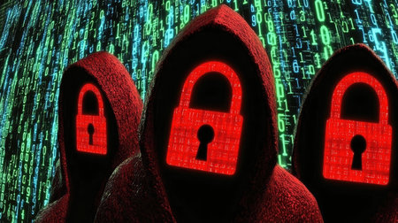 Close-up of a computer screen displaying a security breach alert, with red warning symbols.の素材