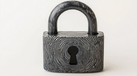 A digital padlock with a biometric fingerprint overlay, symbolizing multi-factor authentication.の素材