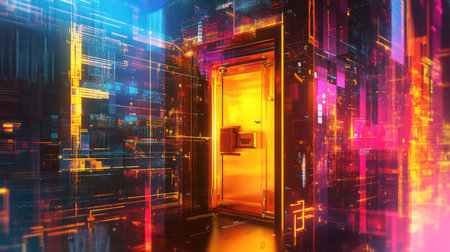 A vault door embedded in a digital interface, representing secure data storage in cyberspace.の素材