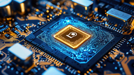 Close-up of a computer motherboard with highlighted security chip, emphasizing hardware-based cybersecurity.の素材
