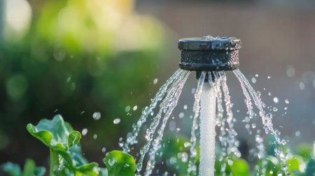 Close-up of a drip irrigation system delivering water directly to the base of plants in a vegetable garden, conserving water resources.の素材