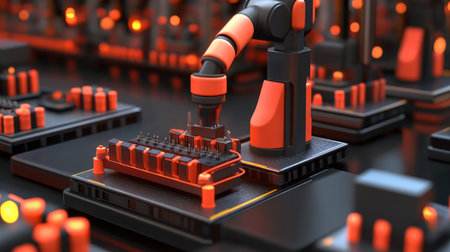 Close-up of a robotic arm assembling microchips on a production line, showcasing AI in manufacturing.の素材