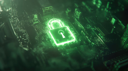 Close-up of a glowing padlock icon overlaid on a circuit board, symbolizing data protection in cybersecurity.の素材