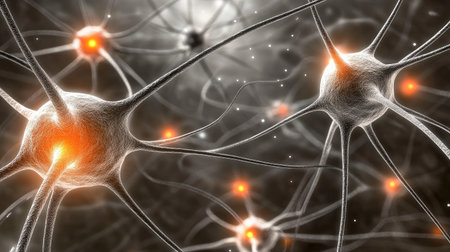 Close-up of a glowing neural network diagram with interconnected nodes and pathways, symbolizing complex AI algorithms.の素材