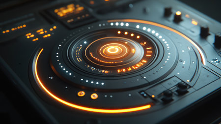 Close-up of a digital assistant device with a glowing interface, symbolizing AI in everyday technology.の素材