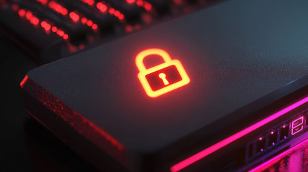 Close-up of a router with a glowing lock icon, emphasizing secure wireless communications.の素材