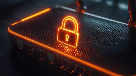 Close-up of a router with a glowing lock icon, emphasizing secure wireless communications.の素材
