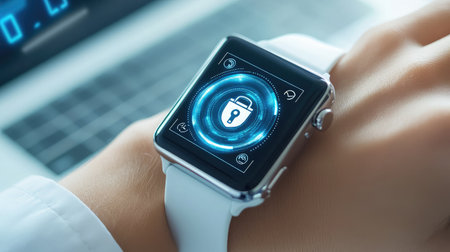 Close-up of a smartwatch displaying a security alert, emphasizing cybersecurity in wearable technology.の素材