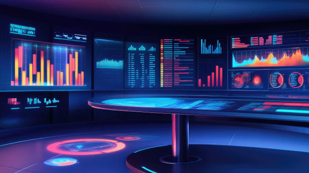 Futuristic control room with holographic displays showing AI analytics and real-time data monitoring.の素材