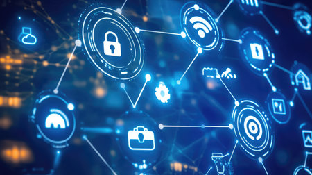 Close-up of a smart thermostat mounted on a wall, displaying temperature settings and connectivity icons.の素材