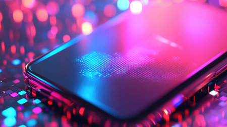 Close-up of a smartphone with a holographic lock icon, representing mobile device security.の素材