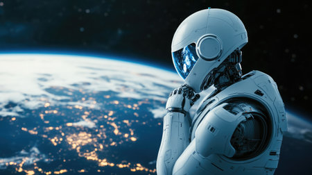 Digital art depicting a humanoid robot contemplating a holographic projection of the Earth, symbolizing AI's global impact.の素材
