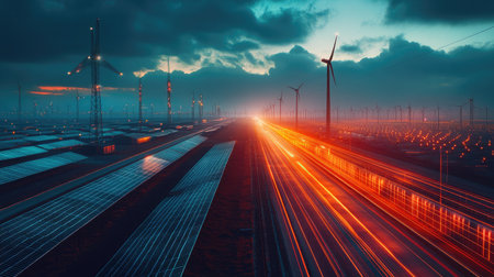 Smart energy grid with connected solar panels, wind turbines, and energy storage systems.の素材