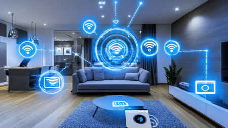 Smart office environment with connected lighting, climate control, and occupancy sensors.の素材