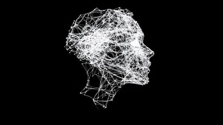 Digital illustration of a neural network forming the shape of a human face, symbolizing AI in facial recognition.の素材
