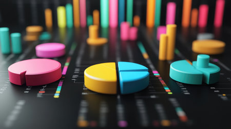 D pie charts and line graphs floating in a virtual space, representing data analysis.の素材