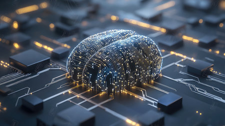 D rendering of a digital brain with data streams flowing through it, symbolizing data intelligence.の素材