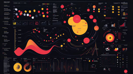 Abstract digital interface with layers of data charts and analytical tools.の素材