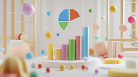 D bar graphs and pie charts floating in a virtual space, representing data visualization.の素材