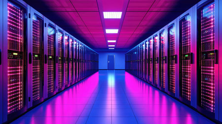 Abstract D rendering of a futuristic data center with glowing quantum processors.の素材