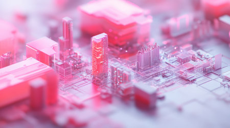 Abstract D city model with interconnected smart infrastructure and data overlays.の素材