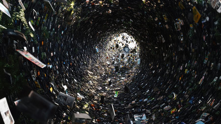 D rendering of a data vortex pulling in streams of information from various sources.の素材