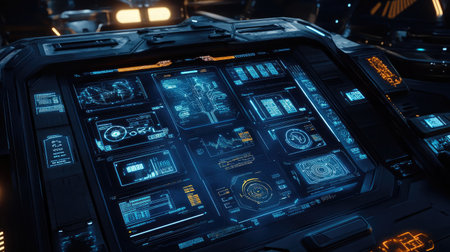 Abstract digital interface displaying interconnected IoT devices and data flow.の素材