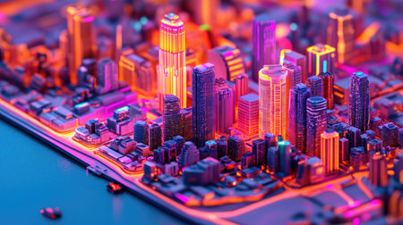 Abstract D city model with interconnected smart infrastructure and data overlays.の素材