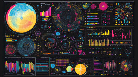 Abstract digital interface with layers of data charts and analytical tools.の素材