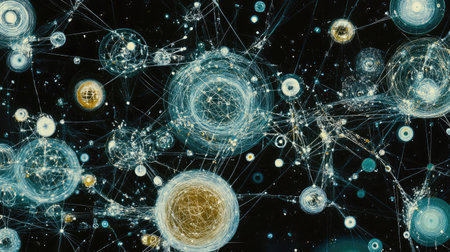 Abstract digital interface displaying interconnected IoT devices and data flow.の素材