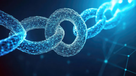 Abstract representation of a blockchain network with interconnected digital blocks.の素材