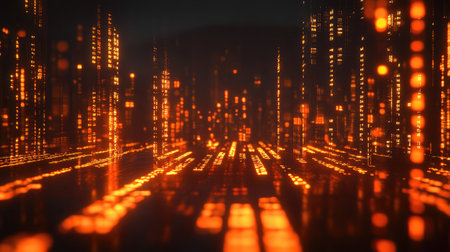 Abstract representation of a DNA strand composed of glowing binary code.の素材