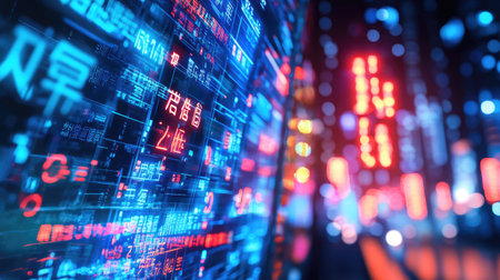 Abstract digital overlay of translation text on a foreign language sign, symbolizing AR translation.の素材