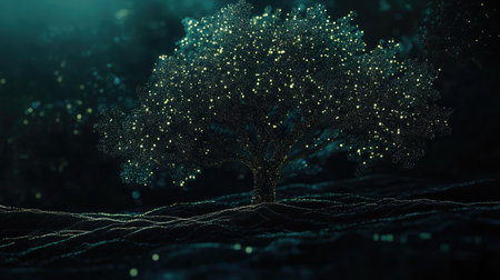 Abstract digital tree with data branches and nodes, symbolizing data growth and connections.の素材