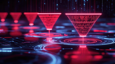 Abstract representation of a data funnel filtering vast amounts of information into structured outputs.の素材