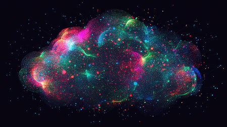 Abstract representation of a cloud formed by interconnected digital nodes and circuits on a dark background.の素材