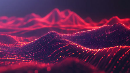 Abstract digital landscape with data nodes connected by glowing lines, forming a network.の素材