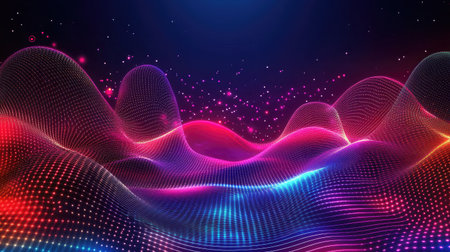 Abstract digital landscape with neon grids and floating geometric shapes, symbolizing a virtual environment.の素材