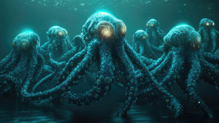 Abstract digital ocean with bioluminescent creatures and dynamic water effects, symbolizing virtual exploration.の素材