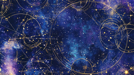 Abstract digital overlay of constellation information on a night sky, representing AR astronomy.の素材