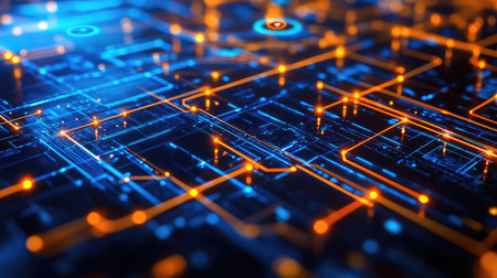 Abstract representation of a virtual space station with floating holographic interfaces.の素材