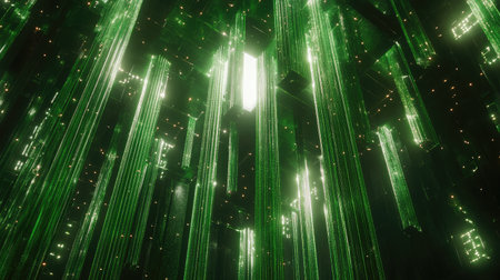 Abstract representation of a virtual forest with glowing trees and floating particles.の素材