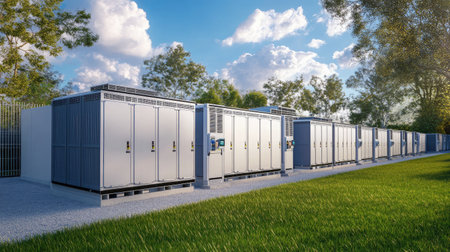Advanced solar farm with dynamic panels and energy storage units under a bright sky.の素材