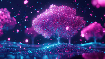 Abstract representation of a virtual forest with glowing trees and floating particles.の素材