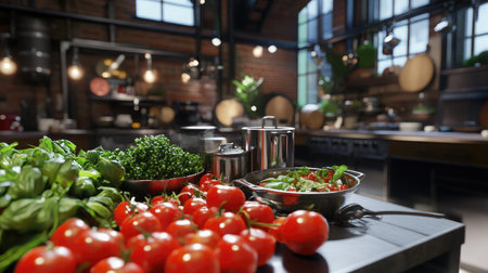 AR-enabled kitchen displaying virtual recipe instructions overlaid on cooking ingredients.の素材