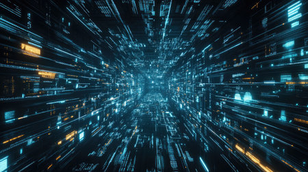 Abstract waveforms of data pulses traveling through a dark digital landscape.の素材