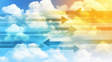 An abstract representation of cloud migration with arrows moving data into a cloud.の素材