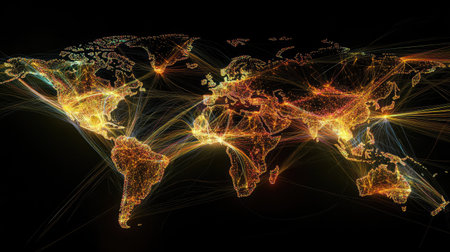 Abstract visualization of a connected world with glowing lines linking various regions and devices.の素材